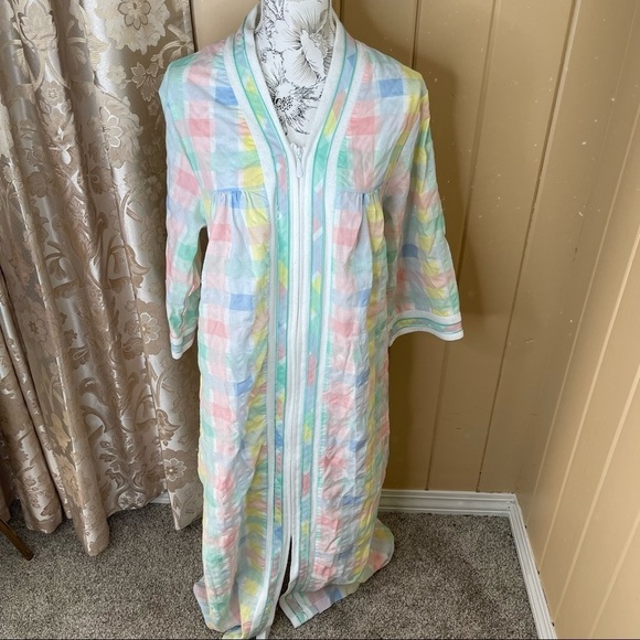 National Vintage Pastel Plaid Zip Patio House Muumuu Dress with Pockets Medium - Picture 1 of 3